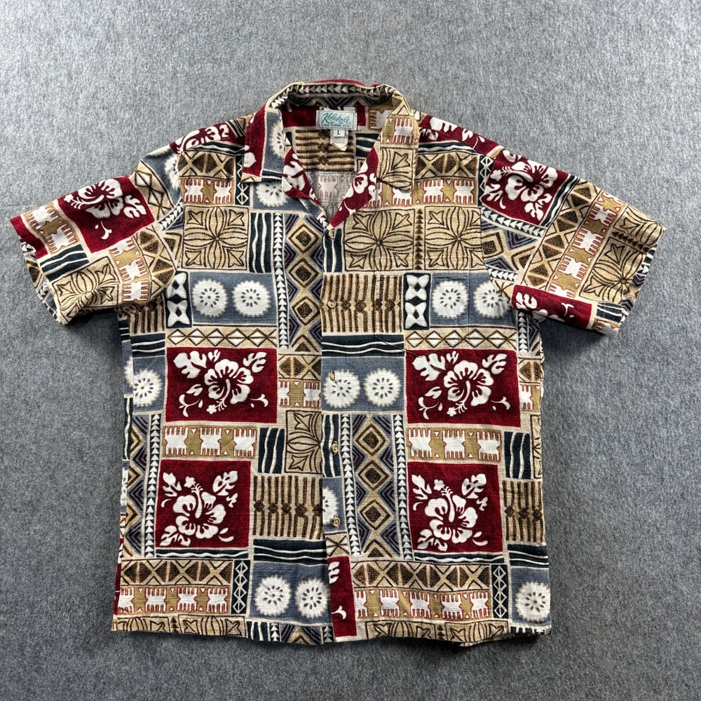 Vintage Kole Kole Men's L Red Tan Cotton Made in USA Short Sleeve Hawaiian Shirt